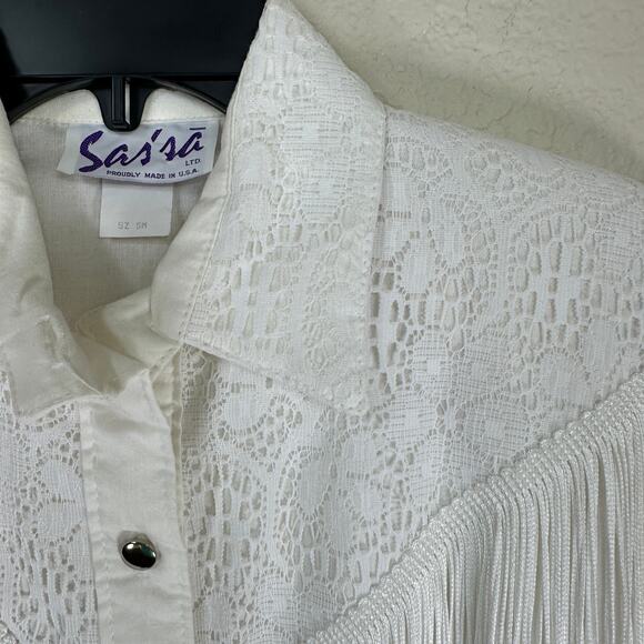 Vintage Western Fringe Lace Shirt Women’s Small White Cowboy Rodeo Blouse - Picture 5 of 6